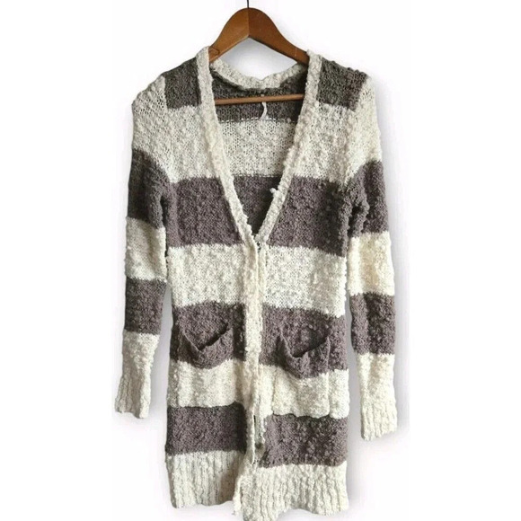Free People Cardigan Womens S Cuddle Bear Brown Striped Boucle Wool Blend Pocket - Picture 1 of 9